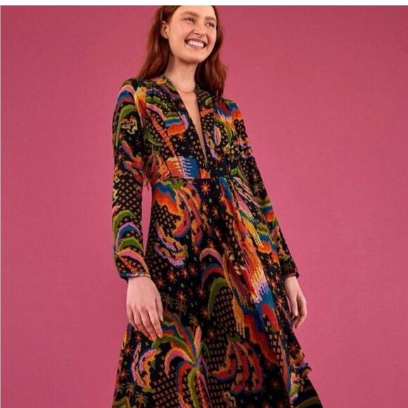 FARM RIO Macaw Island Printed Maxi Dress Tropical Vacation XS Black - Picture 6 of 16